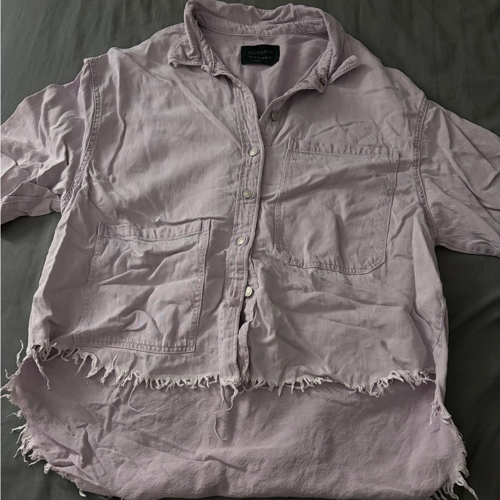 AllSaints Soft Lilac Fringe Hem Shirt Jacket